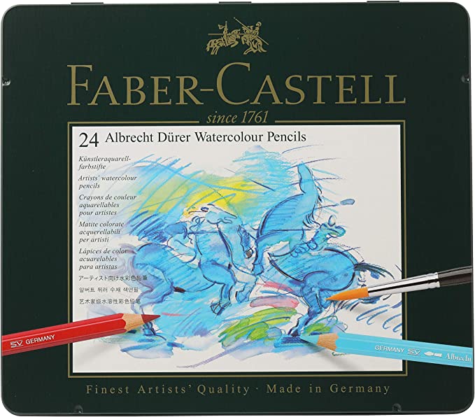 Crayons aquarellables Albrecht Dürer 24 couleurs en boite métallique de Faber-Castell.